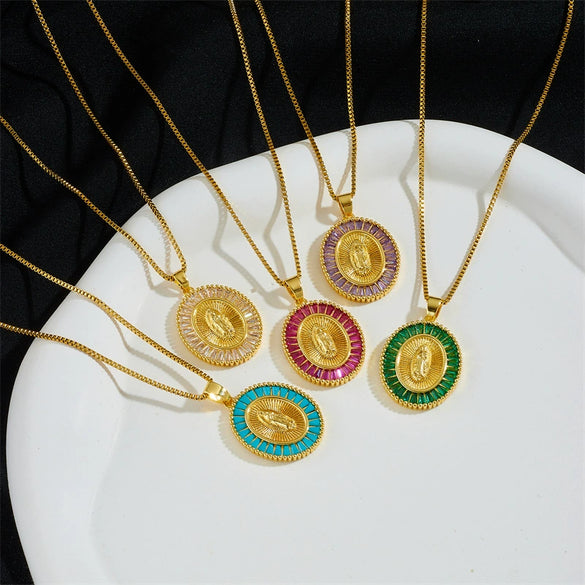 Women's Copper Box Chain Necklace With Mixed Gem Inlay And Electroplating Treatment Geometric Style