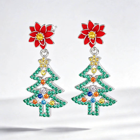 Women's Copper Christmas Earrings Colorful Flower And Leaf Design Hollow Christmas Tree Holiday Jewelry
