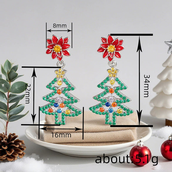 Women's Copper Christmas Earrings Colorful Flower And Leaf Design Hollow Christmas Tree Holiday Jewelry
