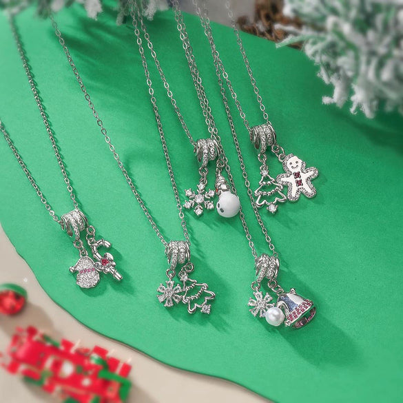 Women's Copper Christmas Necklace With Santa Claus Snowflake Stocking And Candy Cane Charms Dripping Oil Finish And O Chain