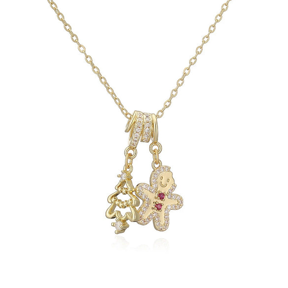 Women's Copper Christmas Necklace With Santa Claus Snowflake Stocking And Candy Cane Charms Dripping Oil Finish And O Chain