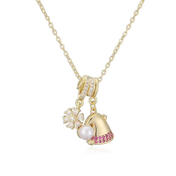 Women's Copper Christmas Necklace With Santa Claus Snowflake Stocking And Candy Cane Charms Dripping Oil Finish And O Chain