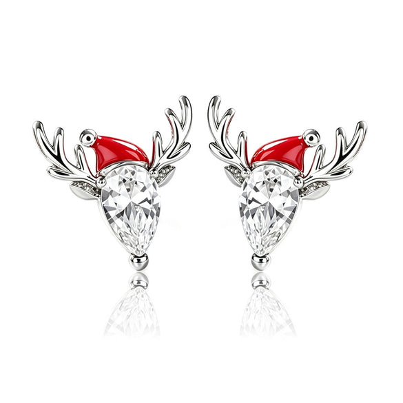 Women's Copper Christmas Reindeer Drop Earrings With Synthetic Cubic Zirconia And Enamel Holiday Design