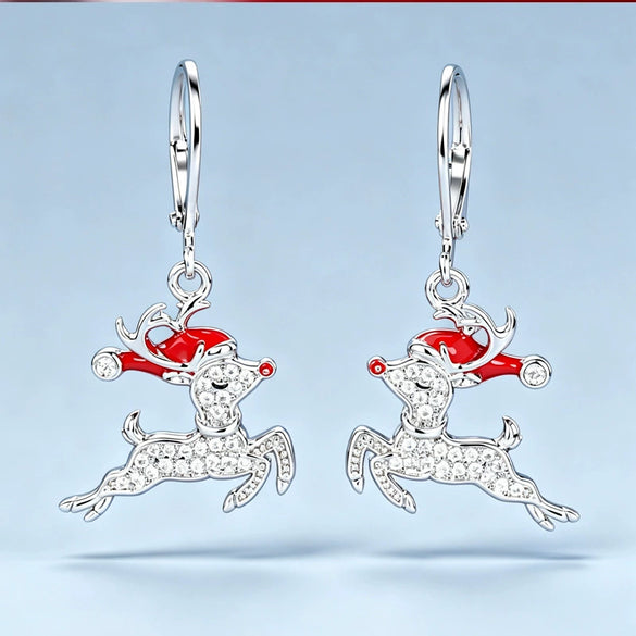 Women's Copper Christmas Reindeer Earrings With Santa Hat And Oil Painting Style Festive Animal Design