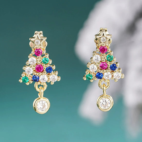 Women's Copper Christmas Tree Earrings With Colorful Synthetic Cubic Zirconia Star Inlay And Geometric Festive Design