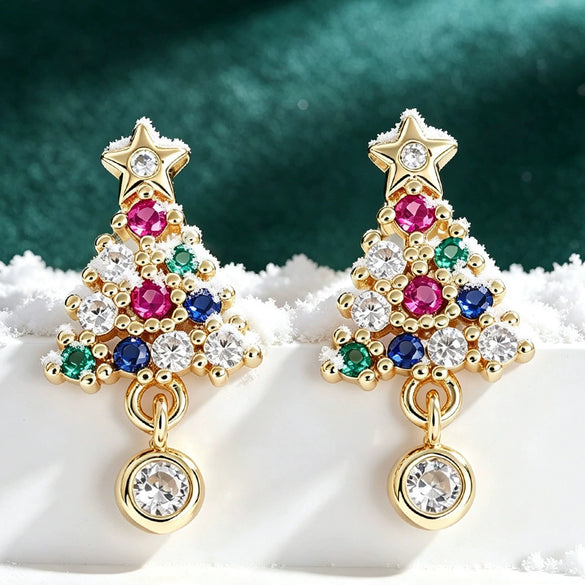 Women's Copper Christmas Tree Earrings With Colorful Synthetic Cubic Zirconia Star Inlay And Geometric Festive Design