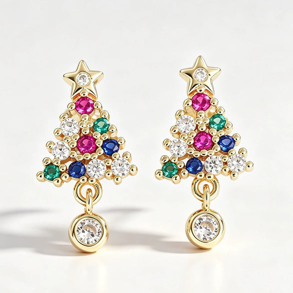 Women's Copper Christmas Tree Earrings With Colorful Synthetic Cubic Zirconia Star Inlay And Geometric Festive Design