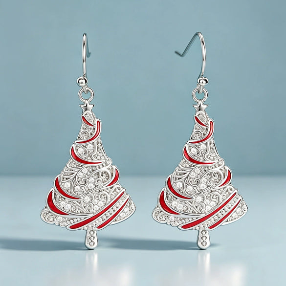 Women's Copper Christmas Tree Earrings With Red Shimmering Oil Drip Effect Star Shape And Ribbon Wrapped Holiday Design
