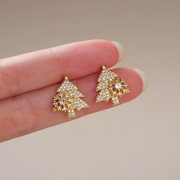 Women's Copper Christmas Tree Earrings With Shiny Zircon Geometric Leaf Design Sparkling Holiday Fashion Jewelry