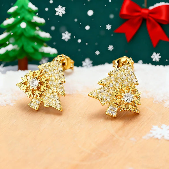 Women's Copper Christmas Tree Earrings With Shiny Zircon Geometric Leaf Design Sparkling Holiday Fashion Jewelry