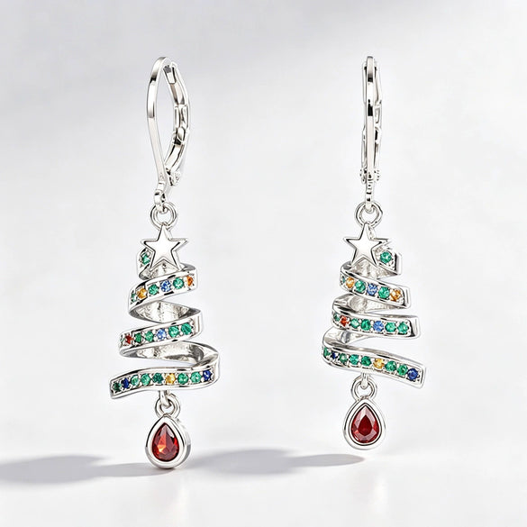 Women's Copper Christmas Tree Earrings With Spiral Ribbon Water Drop Pendants And Star Shape Design