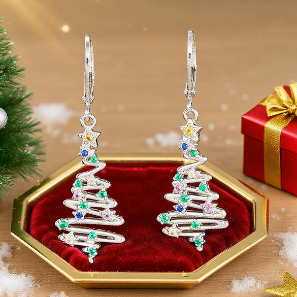 Women's Copper Christmas Tree Earrings With Star Accents Elegant Sweet Line Art Holiday Jewelry
