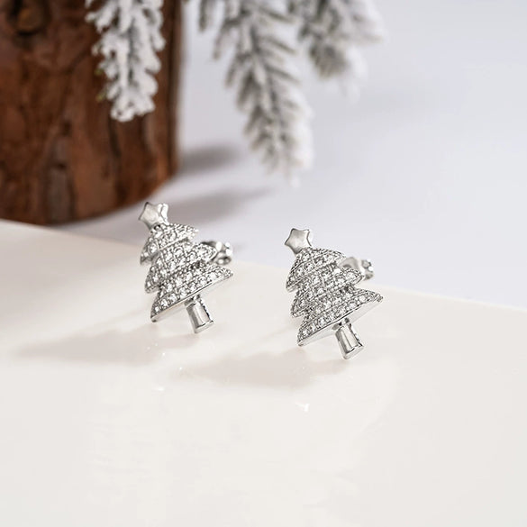 Women's Copper Christmas Tree Earrings With Synthetic Cubic Zirconia Inlay Sparkling Star And Geometric Design
