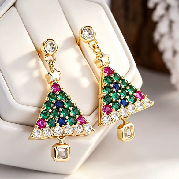 Women's Copper Christmas Tree Star Earrings Colorful Sparkling Holiday Jewelry With Festive Plant Inspired Design
