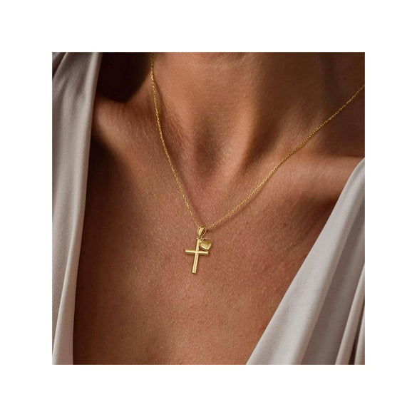 Women's Copper Cross And Heart Necklace With Electroplated Geometric Pendant Simple Versatile Clavicle Chain Trendy Jewelry