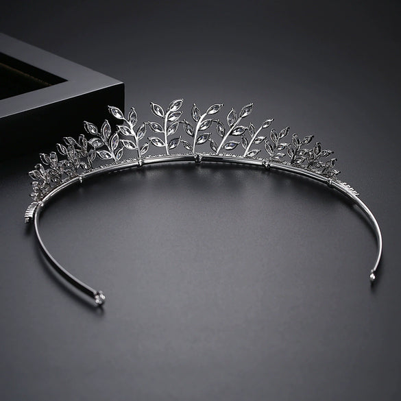 Women's Copper Crown Tiara With Leaf Design And Zircon Accents For Bridal Wedding Headwear