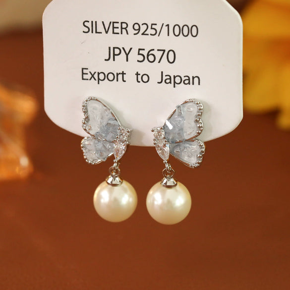 Women's Copper Crystal Blue Butterfly Pearl Geometric Bow Electroplated Earrings