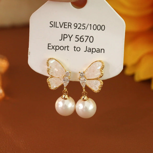 Women's Copper Crystal Blue Butterfly Pearl Geometric Bow Electroplated Earrings