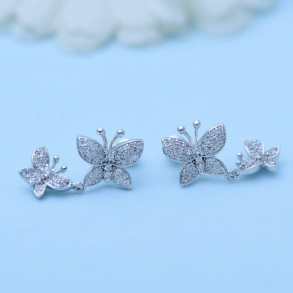 Women's Copper Double Bow Earrings With Zircon Inlay And Electroplated Finish Fashion Jewelry Wholesale