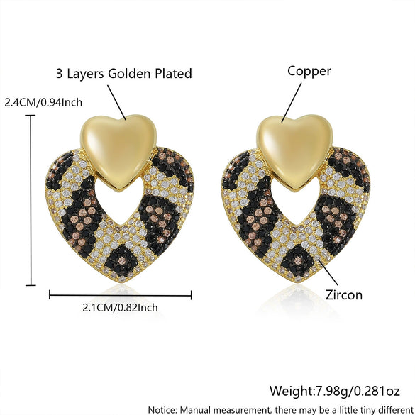 Women's Copper Double Heart Earrings With Leopard Print Snake Python Pattern Electroplated