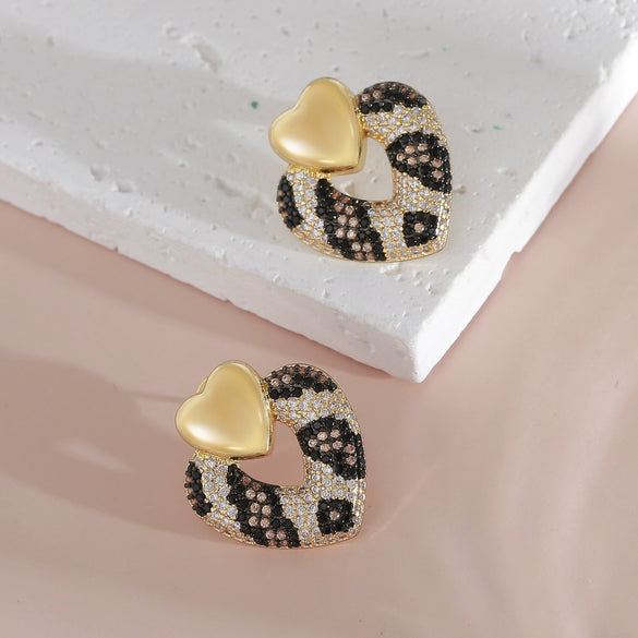 Women's Copper Double Heart Earrings With Leopard Print Snake Python Pattern Electroplated