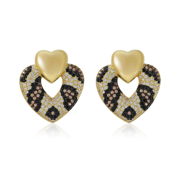 Women's Copper Double Heart Earrings With Leopard Print Snake Python Pattern Electroplated