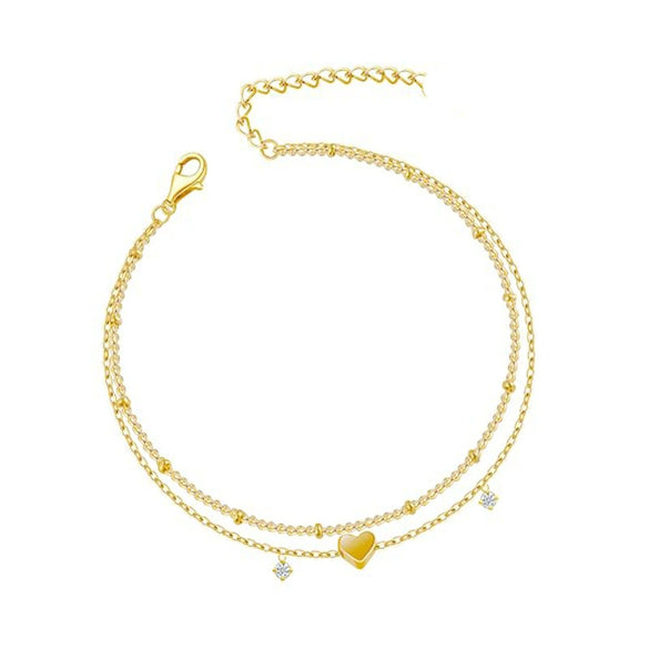 Women's Copper Double Layer Heart Anklet With Rice Beads And Heart Shaped Zircon Charm