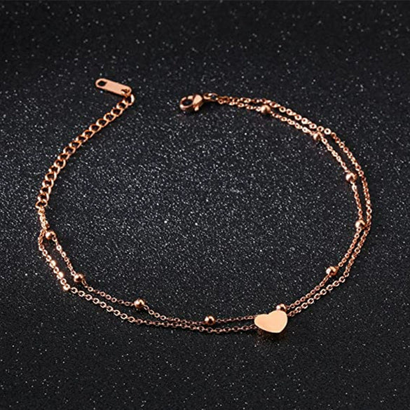 Women's Copper Double Layer Heart Anklet With Rice Beads And Heart Shaped Zircon Charm