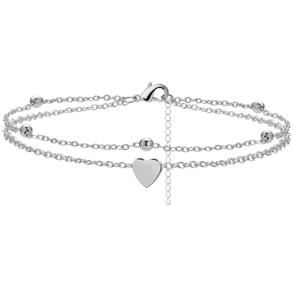 Women's Copper Double Layer Heart Anklet With Rice Beads And Heart Shaped Zircon Charm