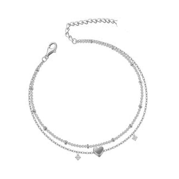 Women's Copper Double Layer Heart Anklet With Rice Beads And Heart Shaped Zircon Charm