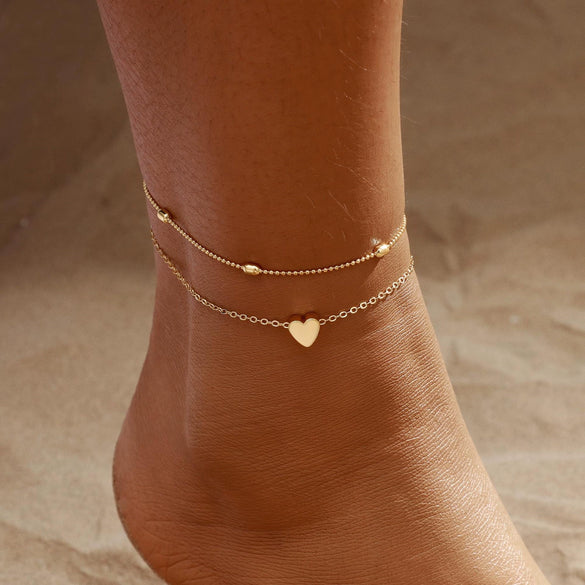 Women's Copper Double Layer Heart Shaped Anklet Casual Fashion Beach Foot Jewelry