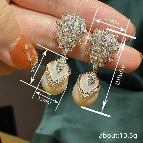 Women's Copper Earrings With Water Drop Pendant Imitation Pearl Geometric Design Elegant Style