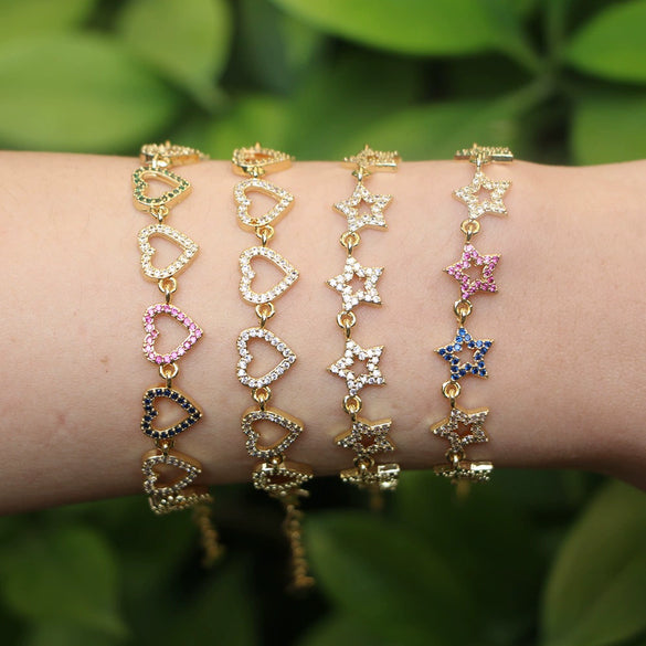Women's Copper Electroplated Bracelet With Micro Inlaid Zircon Heart And Star Geometric Rainbow Charm