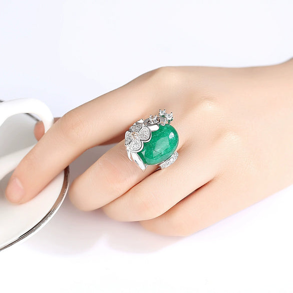 Women's Copper Electroplated Emerald Chalcedony And Zircon Inlaid Geometric Adjustable Ring Fashion Jewelry