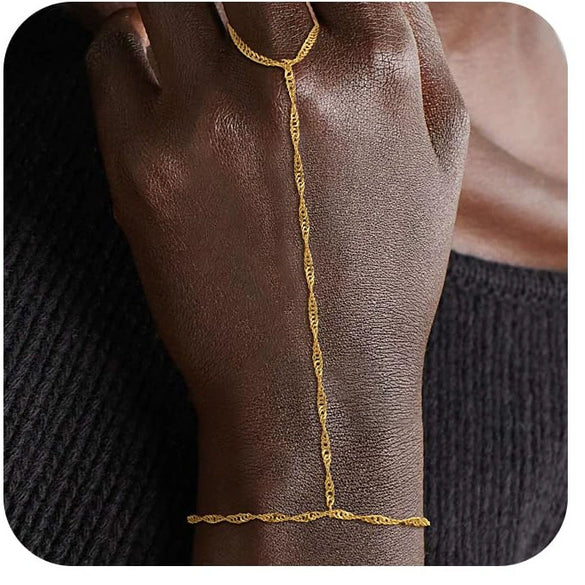 Women's Copper Electroplated Geometric Finger Bracelet Hand Chain Simple Elegant Plain Chain Ring Bracelet