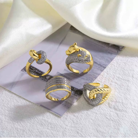 Women's Copper Electroplated Leopard Head Double Color Cross Opening Ring