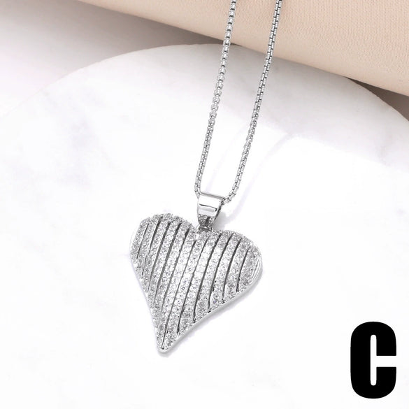 Women's Copper Electroplated Love Heart And Geometric Pendant Necklace With Full Zircon And Regular Chain