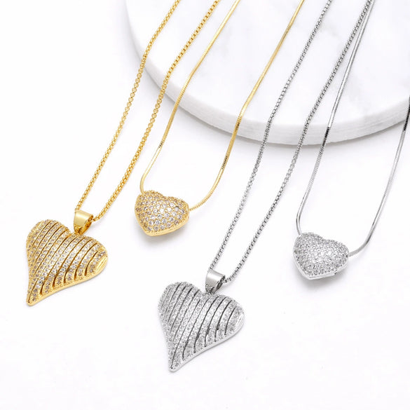 Women's Copper Electroplated Love Heart And Geometric Pendant Necklace With Full Zircon And Regular Chain