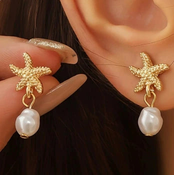 Women's Copper Electroplated Starfish And Pearl Dangle Earrings Sweet And Cool Style Fashion Jewelry