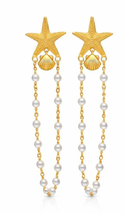 Women's Copper Electroplated Starfish And Pearl Dangle Earrings Sweet And Cool Style Fashion Jewelry