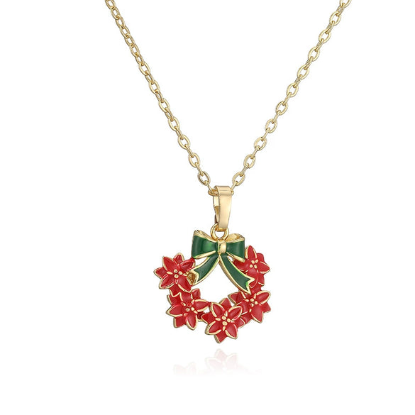 Women's Copper Enamel Christmas Hat Wreath And Tree Pendant Necklace With Geometric Design And Olink Chain