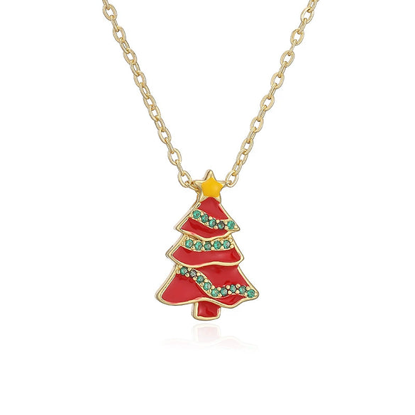 Women's Copper Enamel Christmas Hat Wreath And Tree Pendant Necklace With Geometric Design And Olink Chain