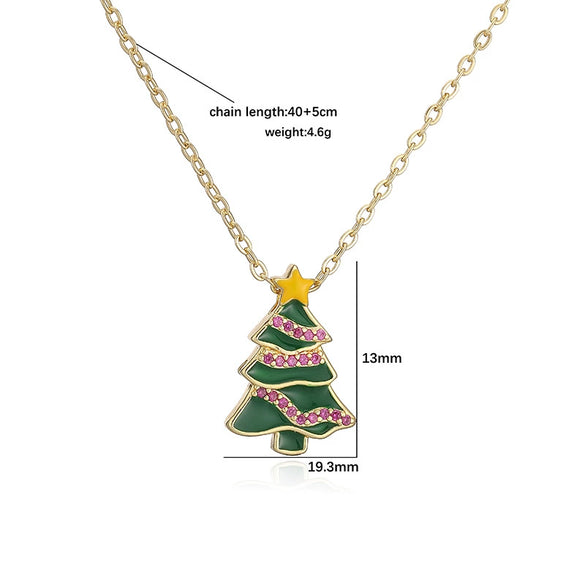 Women's Copper Enamel Christmas Hat Wreath And Tree Pendant Necklace With Geometric Design And Olink Chain