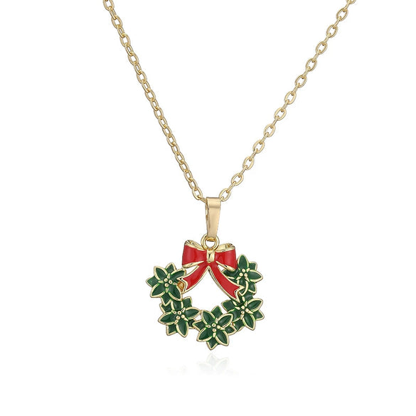 Women's Copper Enamel Christmas Hat Wreath And Tree Pendant Necklace With Geometric Design And Olink Chain