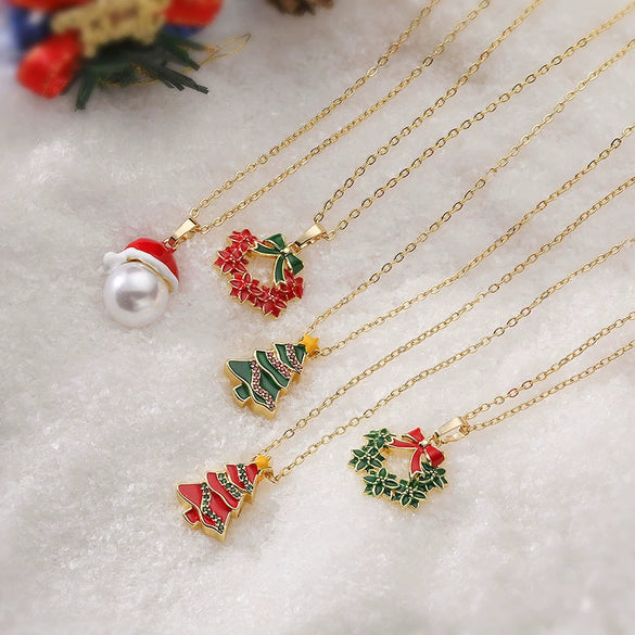 Women's Copper Enamel Christmas Hat Wreath And Tree Pendant Necklace With Geometric Design And Olink Chain