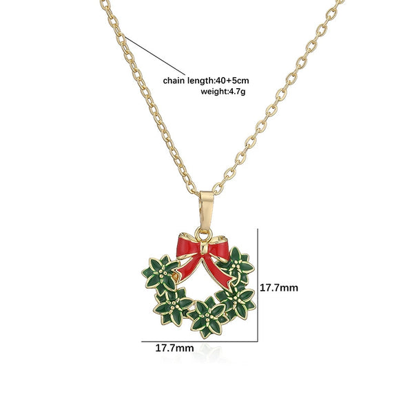 Women's Copper Enamel Christmas Hat Wreath And Tree Pendant Necklace With Geometric Design And Olink Chain