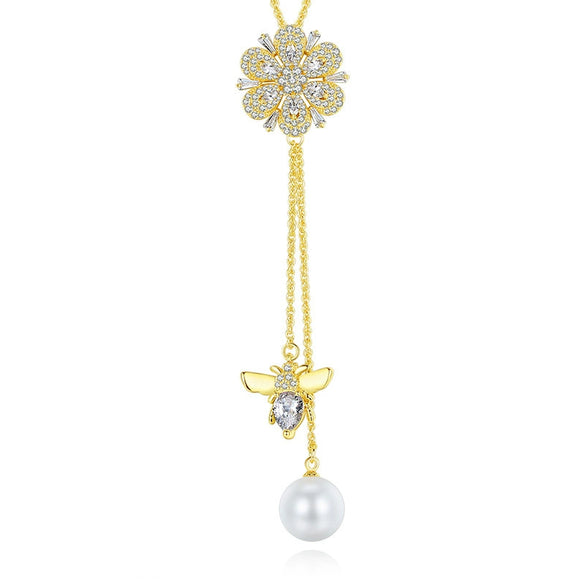 Women's Copper Flower And Bee Pendant Necklace With Zircon Accents Adjustable Cross Chain Jewelry
