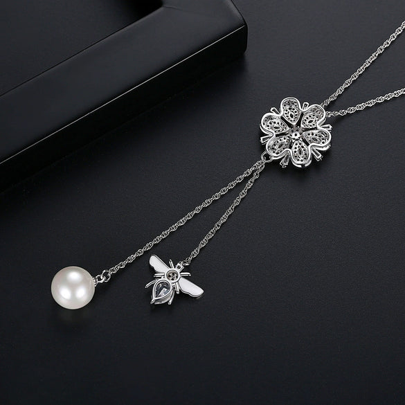 Women's Copper Flower And Bee Pendant Necklace With Zircon Accents Adjustable Cross Chain Jewelry