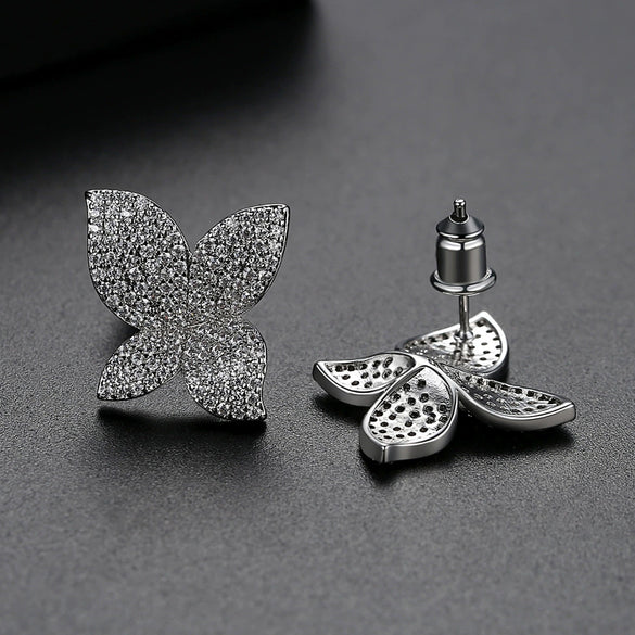 Women's Copper Flower Butterfly Earrings With Pointed Zircon Accents And Electroplated Fashion Design