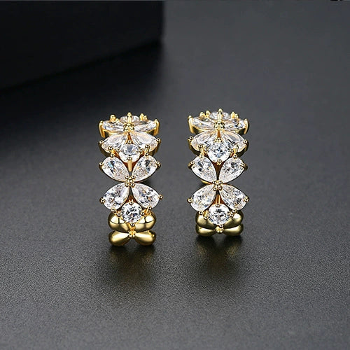 Women's Copper Flower Cshaped Earrings With Zircon Inlay And Electroplated Finish Fashion Jewelry